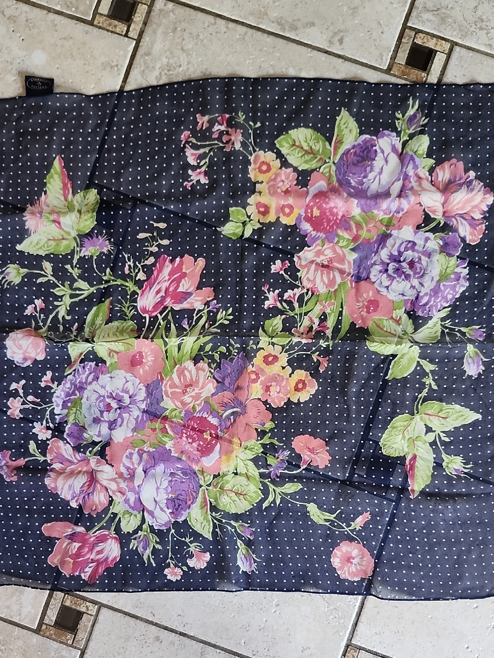 Vtg Chelsea Campbell Floral Polka Dot Navy Silk Square Scarf